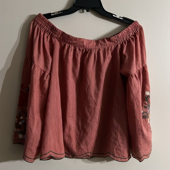 Umgee Off The Shoulder Terracotta Pink Floral Embroidered Bohemian Top. Size S - Picture 3 of 7